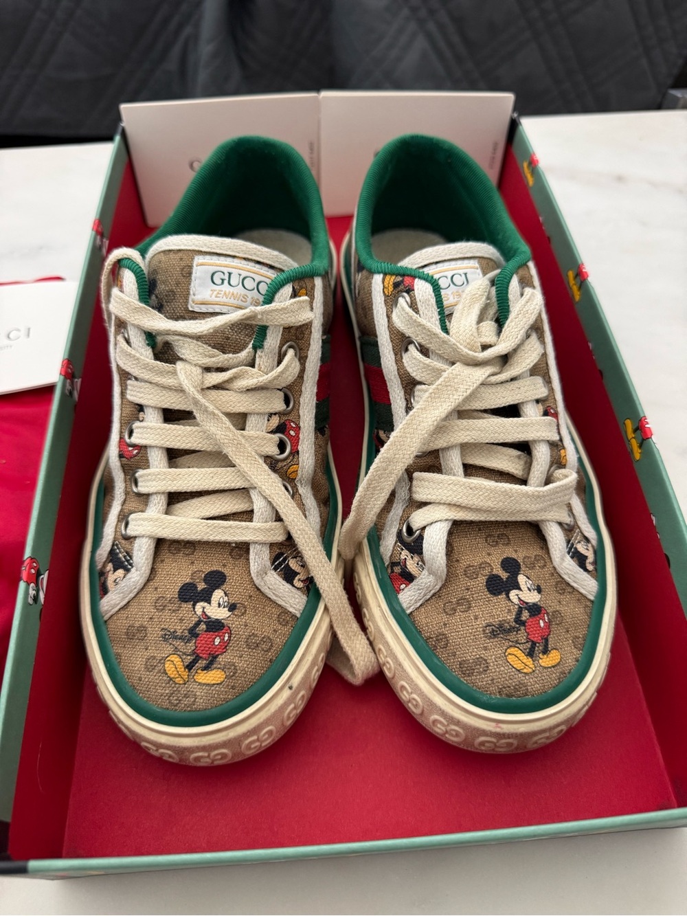 Gucci Kids Beige Mickey Canvas Sneakers with Green Trim